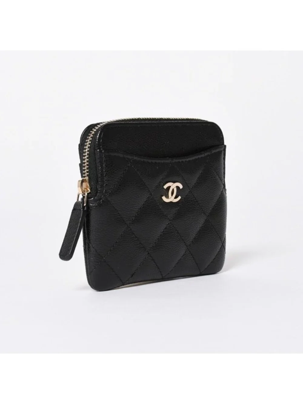 Chanel Classic Zip Coin Purse Stand CC Logo Caviar Leather Black Gold